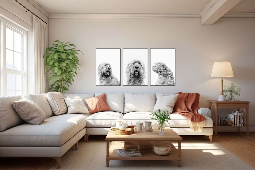 Modern living room interior with sectional sofa, framed artwork, and natural sunlight streaming through window.