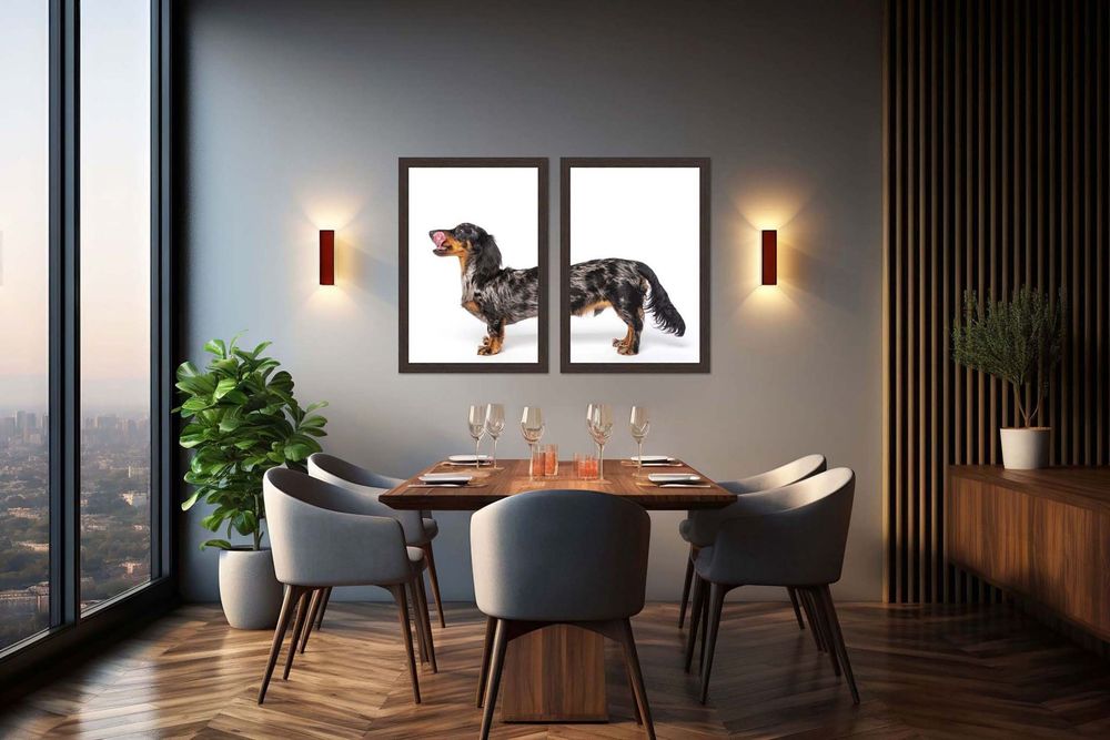 Modern dining room with floor-to-ceiling windows, grey chairs, and striking diptych artwork of a dog above wooden table.