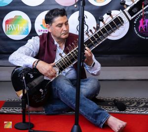 Musician playing sitar on red carpet against decorated backdrop with circular patterns.