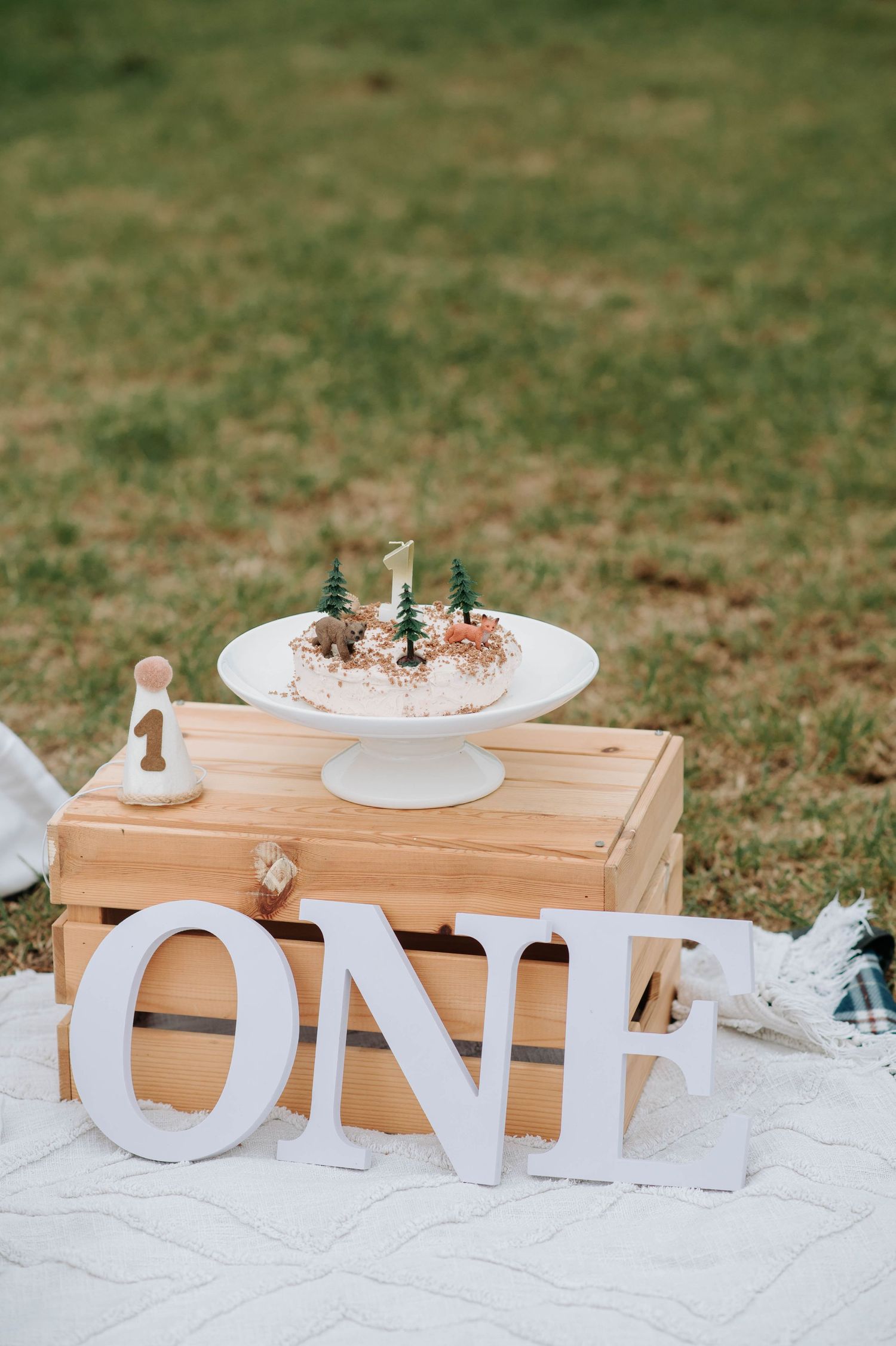 White ONE letters and decorated cake stand on wooden box with mountain backdrop.