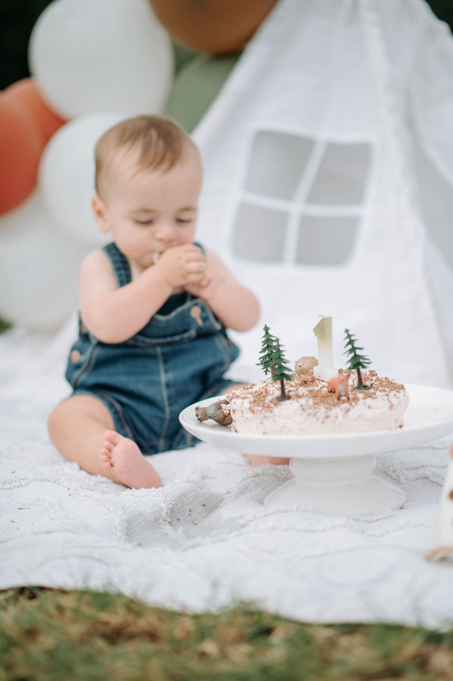 Baby in denim overalls reaching for birthday cake decorated with miniature trees.