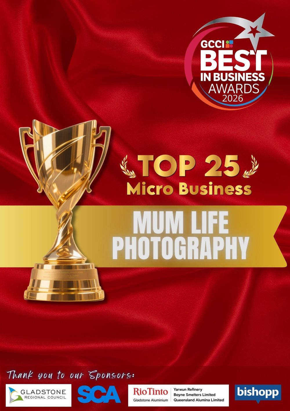 Gold trophy on red background for GCCI Best in Business Awards 2026, Top 25 Micro Business winner Mum Life Photography.