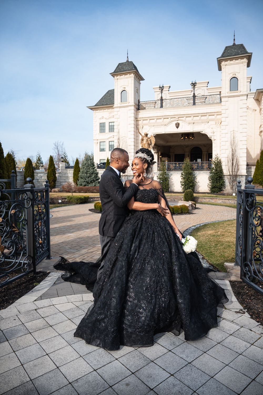 Best New York City Wedding Photographer, Black Wedding Dress in front of The Legacy Castle