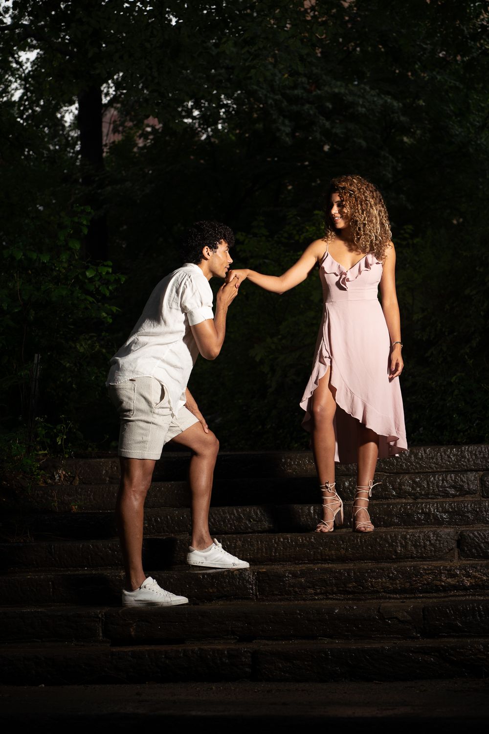 Engaged Couple on Stairs, Central Park Engagement
