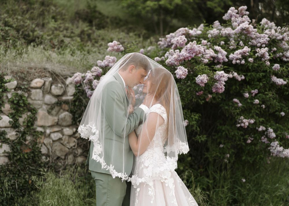 A romantic garden wedding moment with a couple nestled among pink flowering bushes.