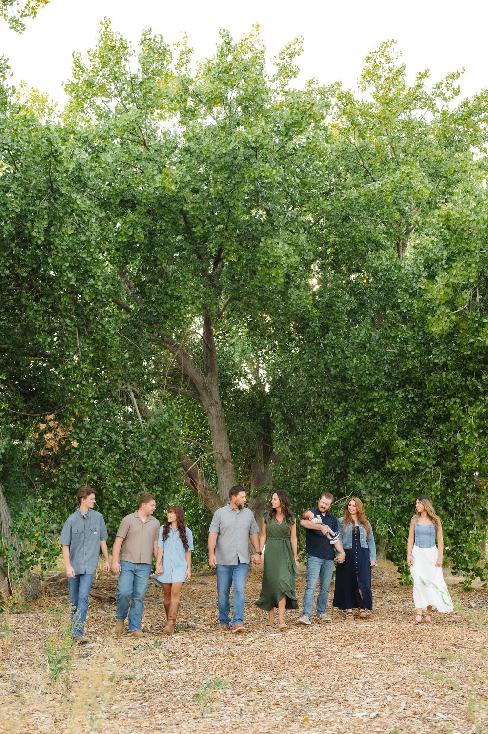 A group of people walking together on a gravel path beneath tall green trees on a sunny day.