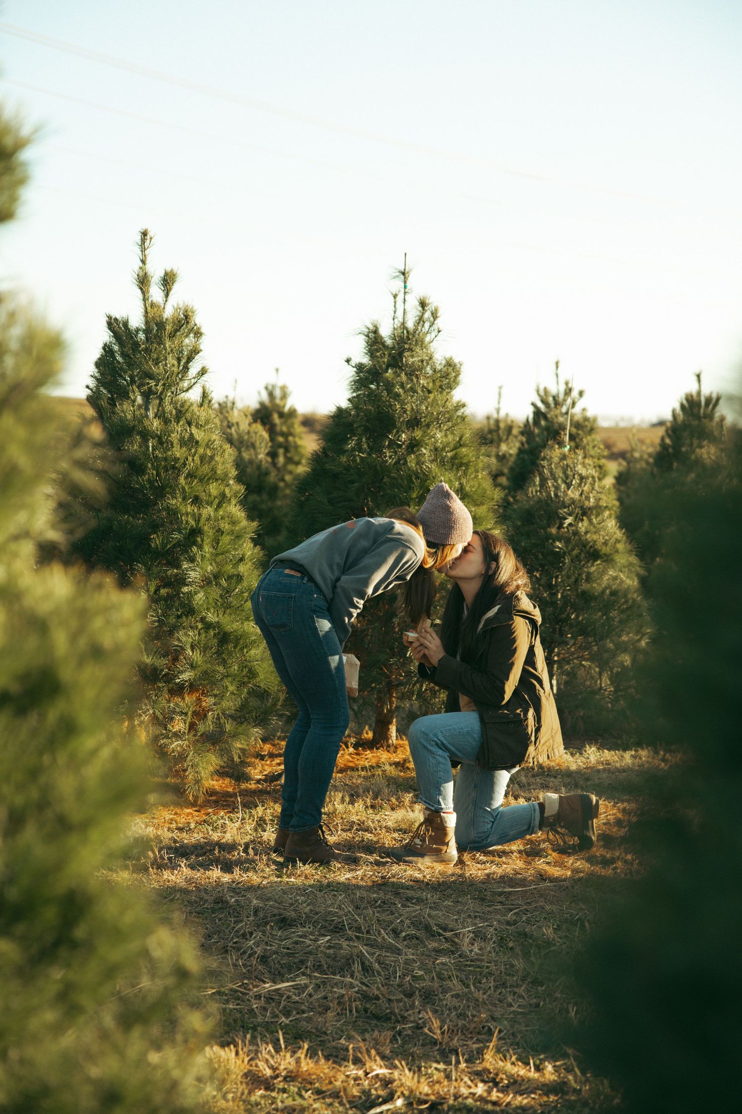 Romantic moment between couple amid evergreen trees at sunset.