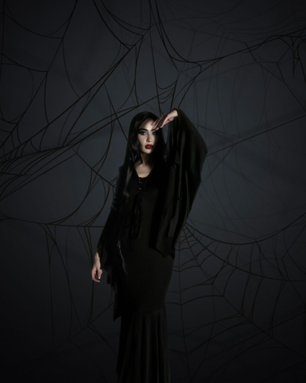 A figure in a flowing black dress stands dramatically against a dark background with spiderweb-like patterns.