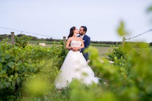 Couple de mariés s’embrassant dans les vignes au coucher du soleil, ambiance douce et naturelle.