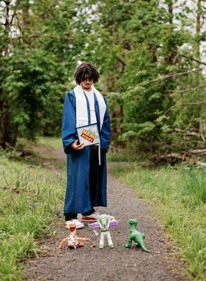 A sequence of photos showing graduation caps and toys being arranged on a dirt path in a wooded area.
