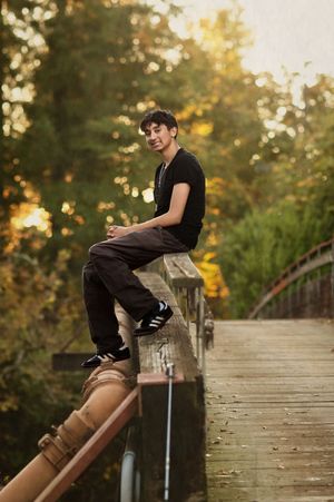Skateboarder performs a board slide trick down a wooden handrail at sunset in a park setting.