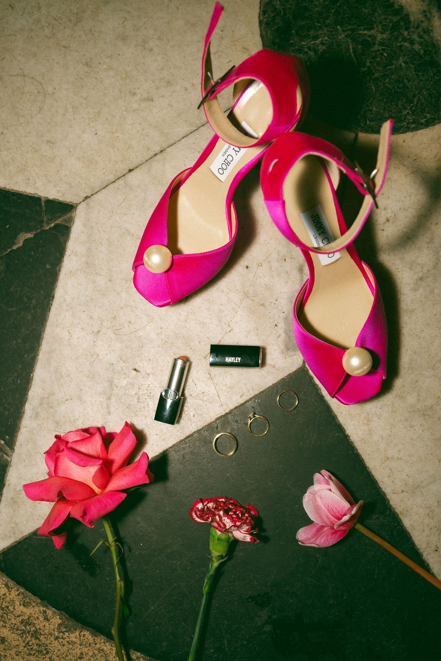 Editorial style flat lay details of brides shoes
