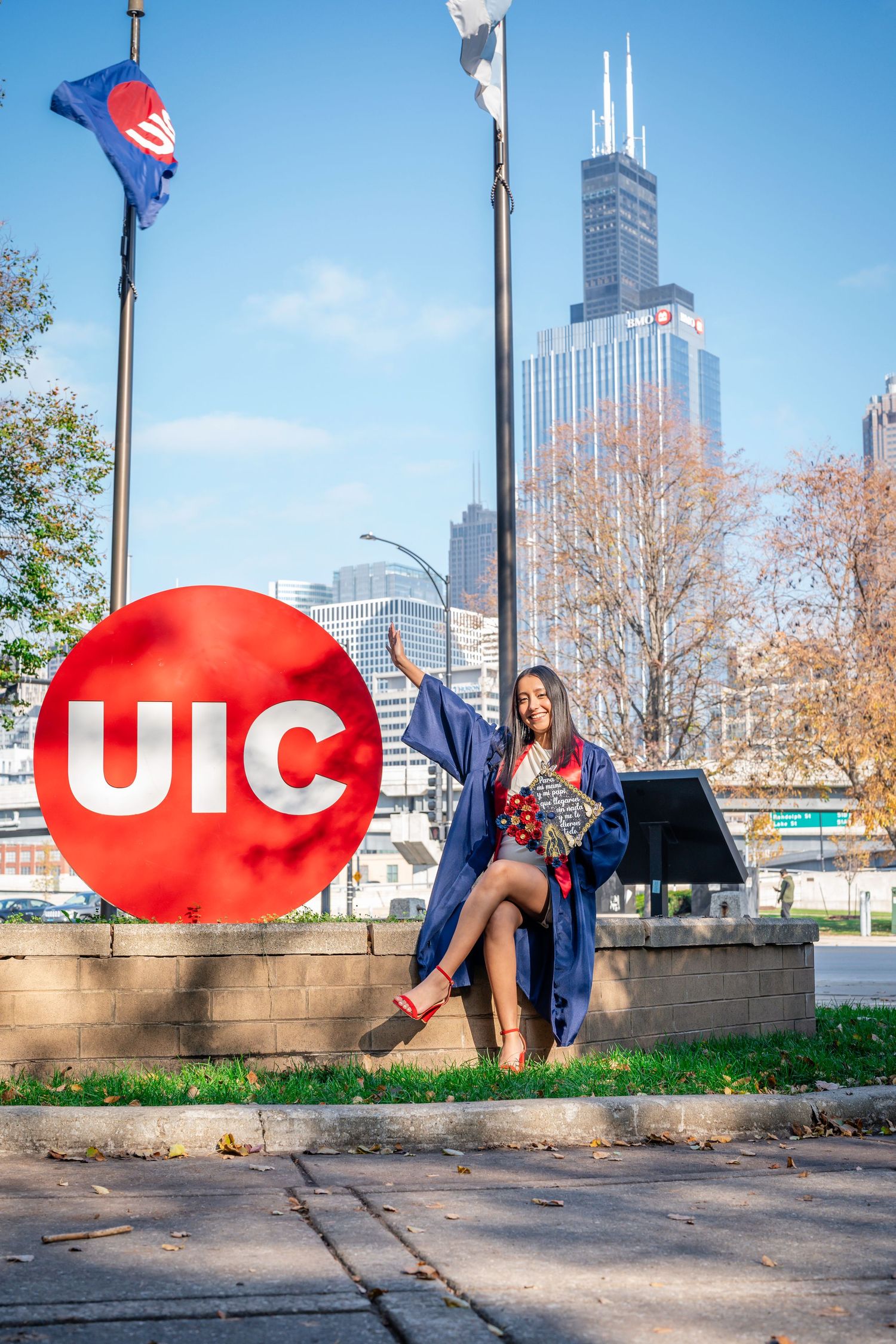 Series of playful photos at UIC campus with Willis Tower and red UIC logo in background.