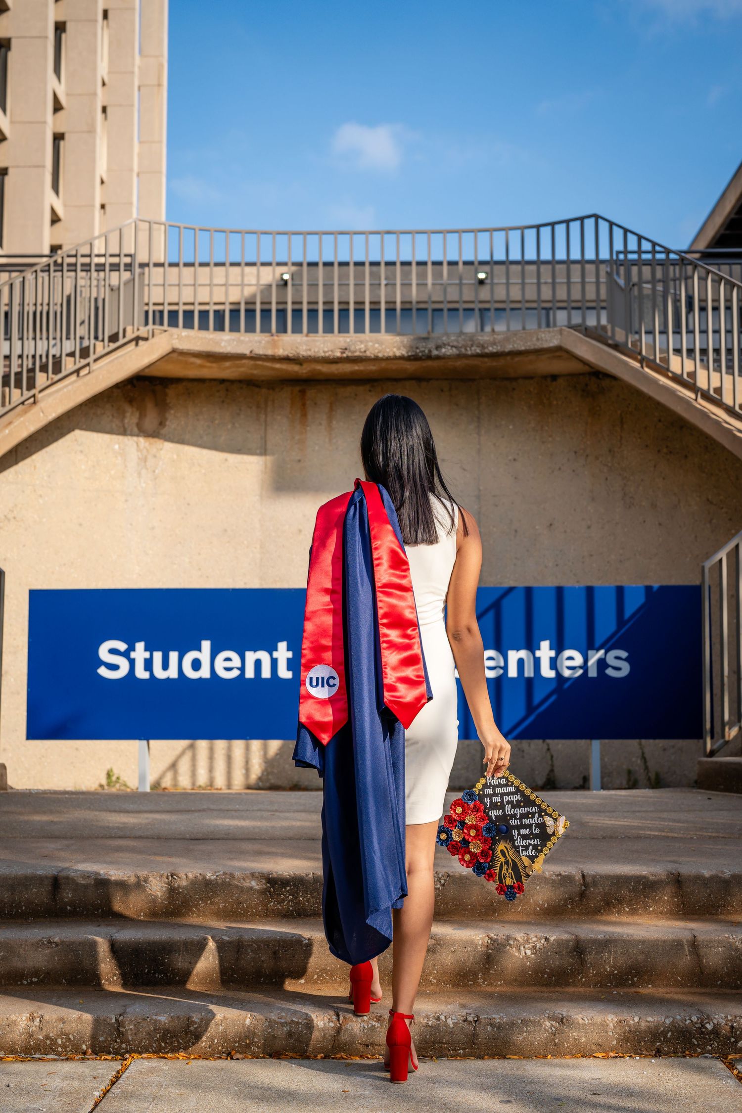 Graduation photo series near Student Centers sign featuring academic regalia and traditional stole.