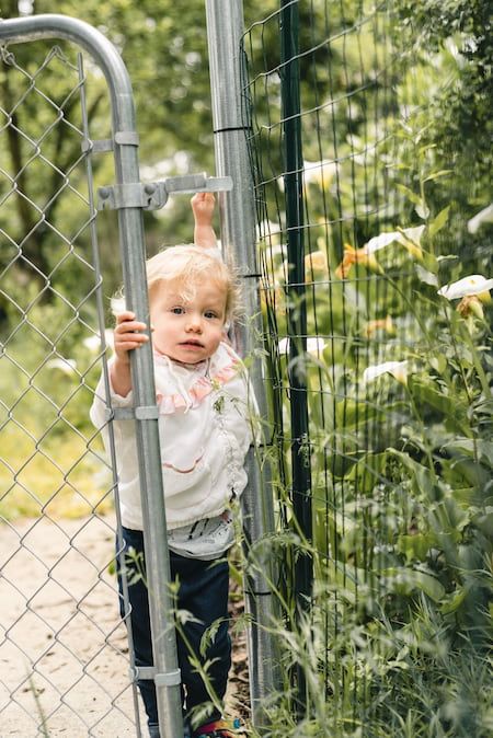 Small child climbing on metal fence post near garden with flowers.