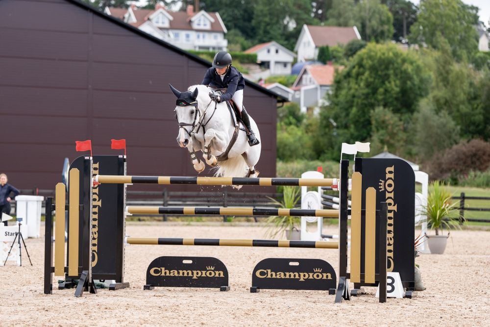 A white horse and rider jumping over competition obstacles at an equestrian event.