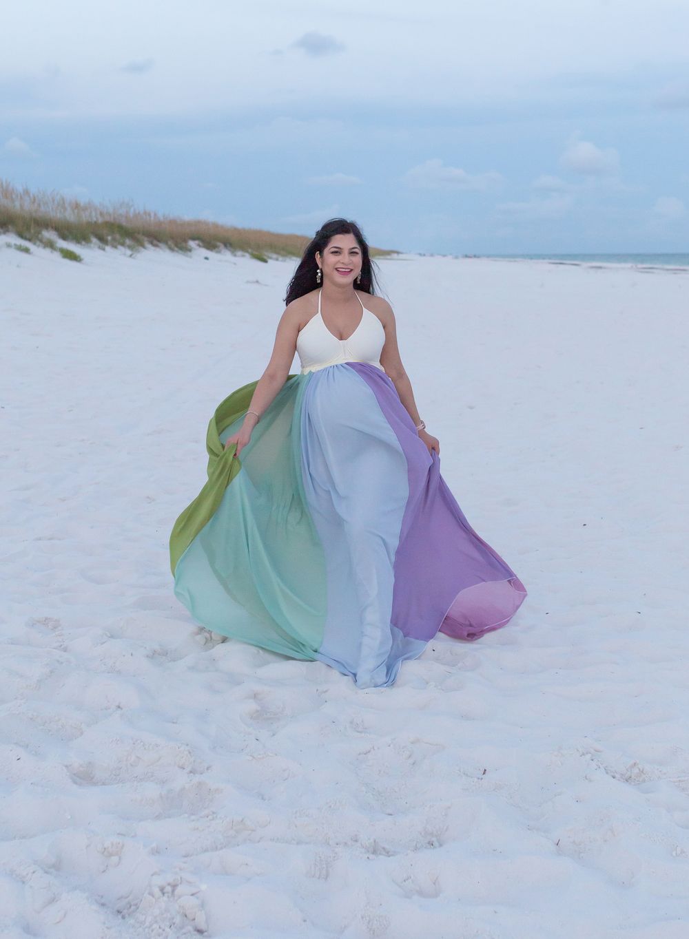 Pensacola Beach Maternity photography session, woman in rainbow skirt