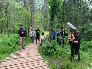Film crew gathered on wooden boardwalk in forest during production.