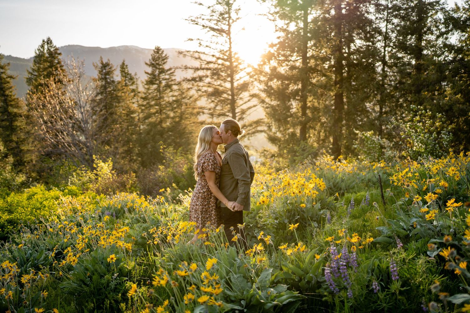 Two people walk through a hillside meadow filled with vibrant yellow wildflowers on a cloudy spring day.