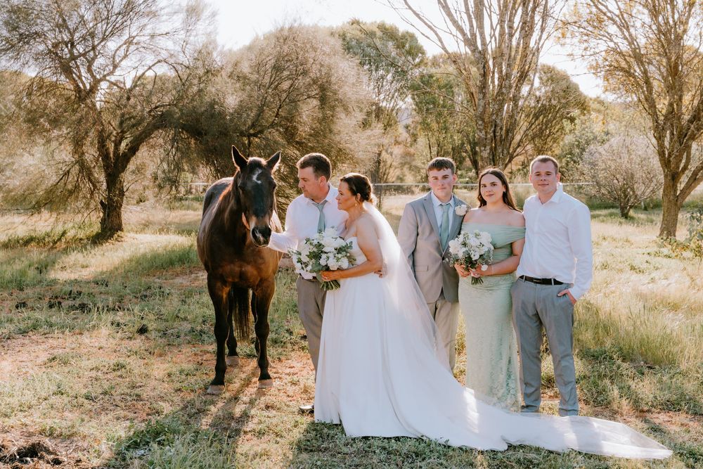 Wedding party gathers outdoors among trees for casual group photos.