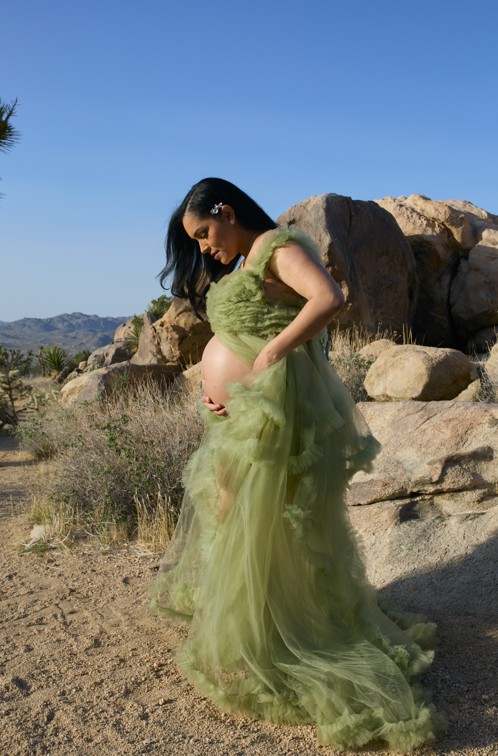 Woman in ethereal green gown showcases baby bump while standing among desert rocks.