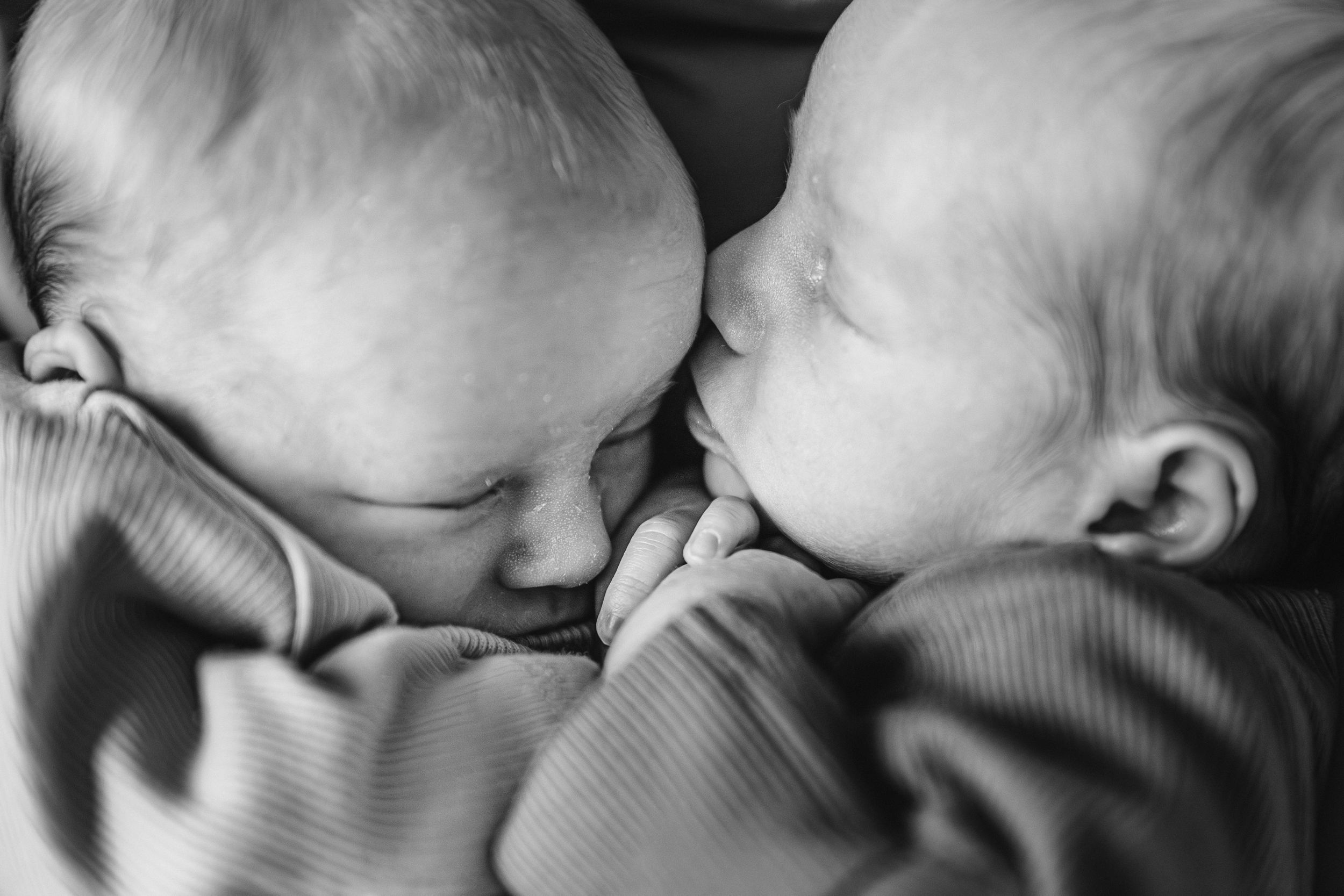 Two newborn twins face each other in a tender black and white close-up portrait.
