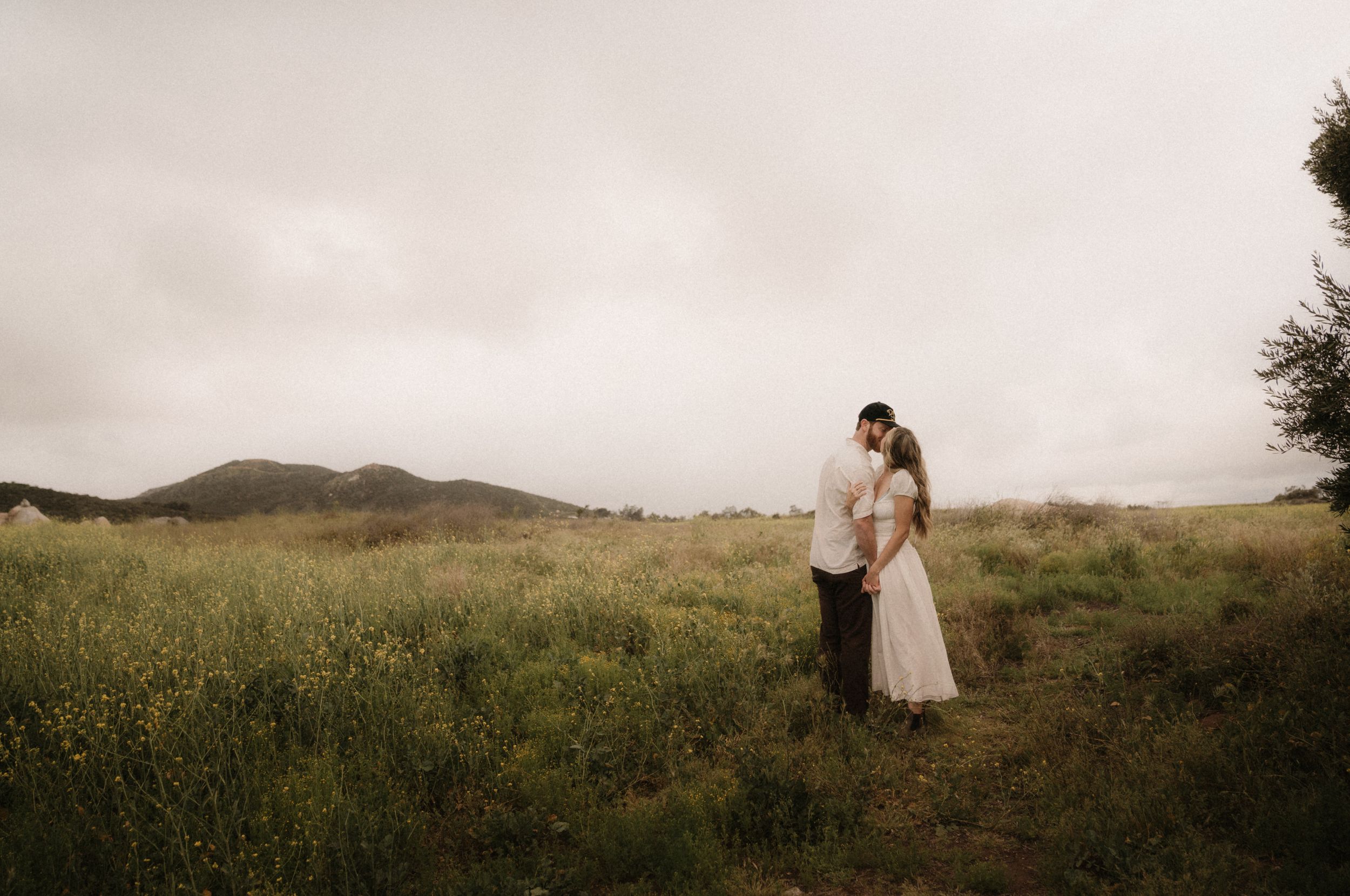 Romantic couple embracing in a sunlit meadow with rolling hills in the background.