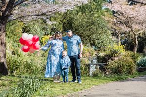 Family walking along cherry blossom path.