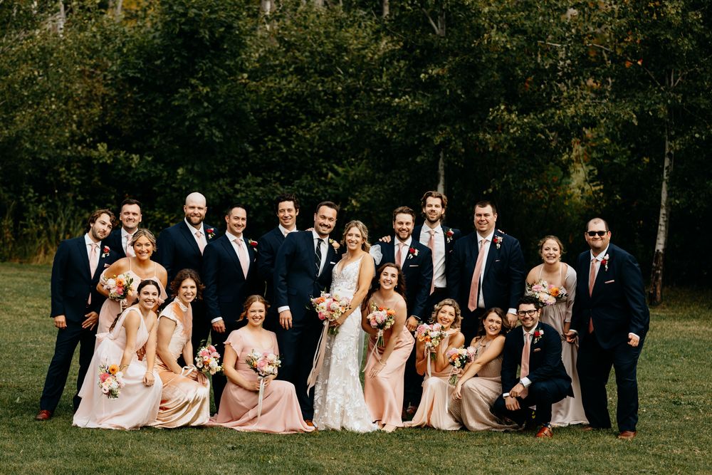 Large wedding party poses formally outdoors with bridesmaids in pink dresses.