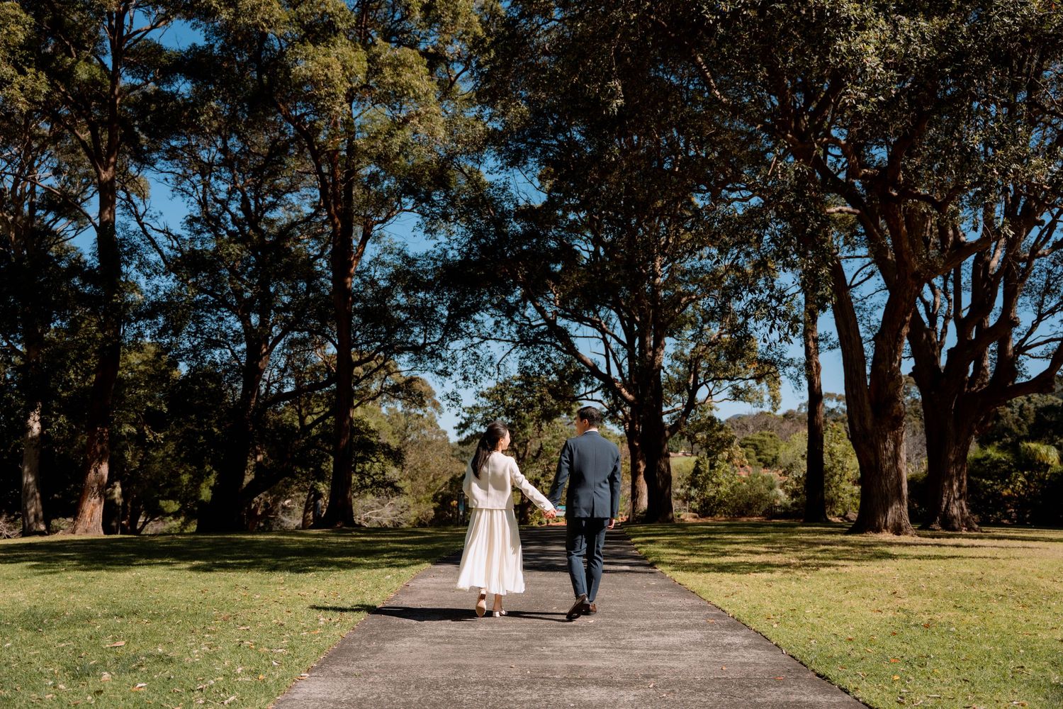 Eloped couple walking hand in hand through a sunlit tree-lined park - outdoor elopement photography