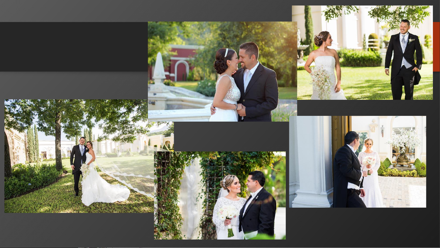 Wedding photo collage featuring bride and groom posing outdoors among lush greenery and elegant white columns.
