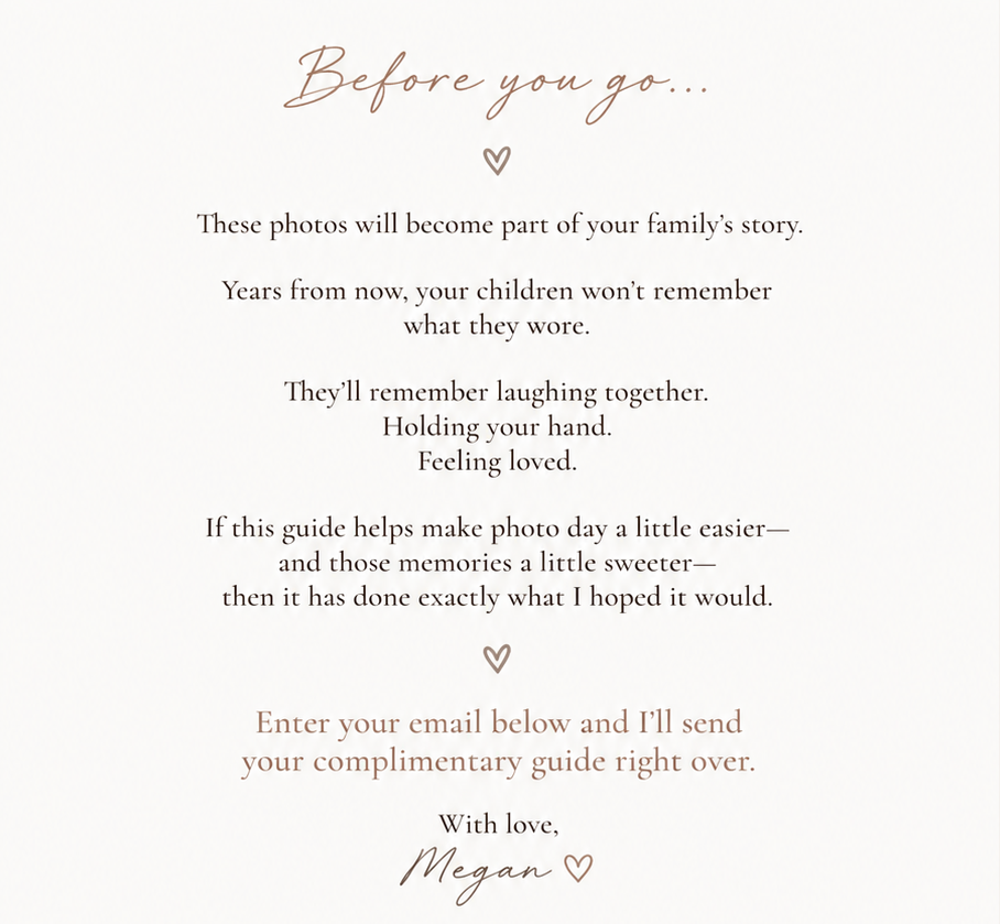 Elegant photography guide card with cursive script reading Before You Go encouraging families to cherish photo day memories.