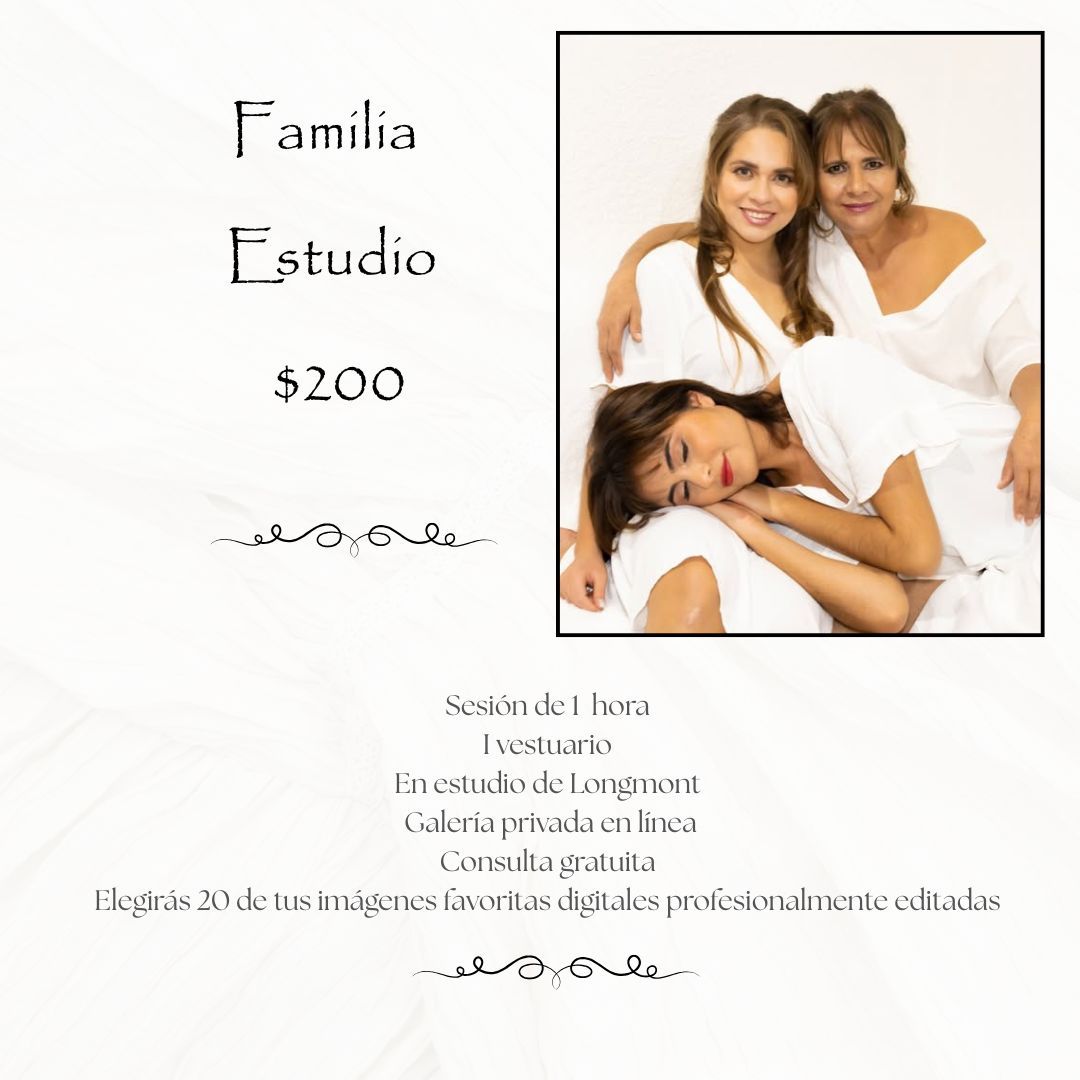 Family studio photography package for $200 featuring a 1-hour session, wardrobe, private gallery, and 20 edited digital images.