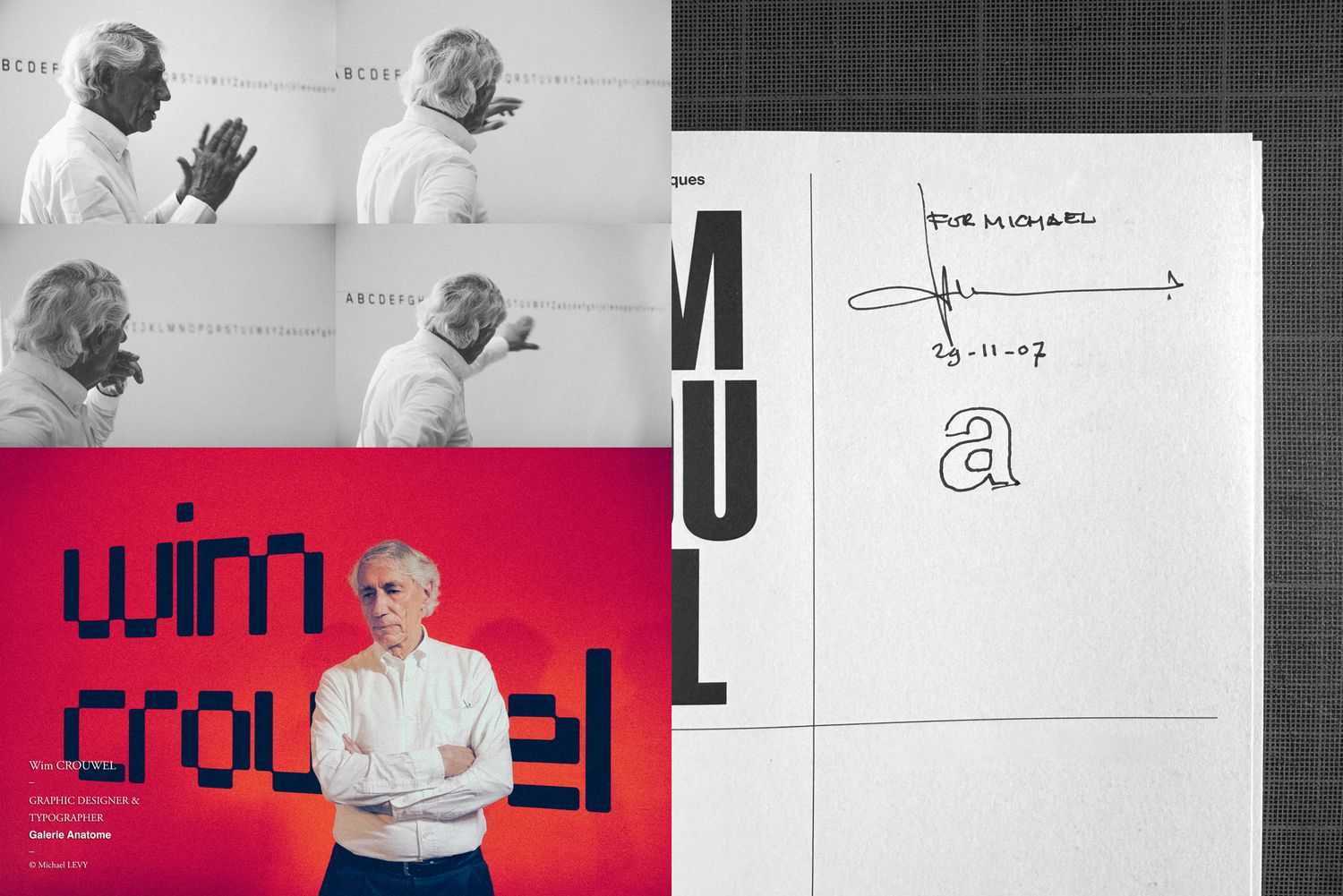 Black and white photo of a man in a sweater beside storyboard sketches pinned to a wall.
