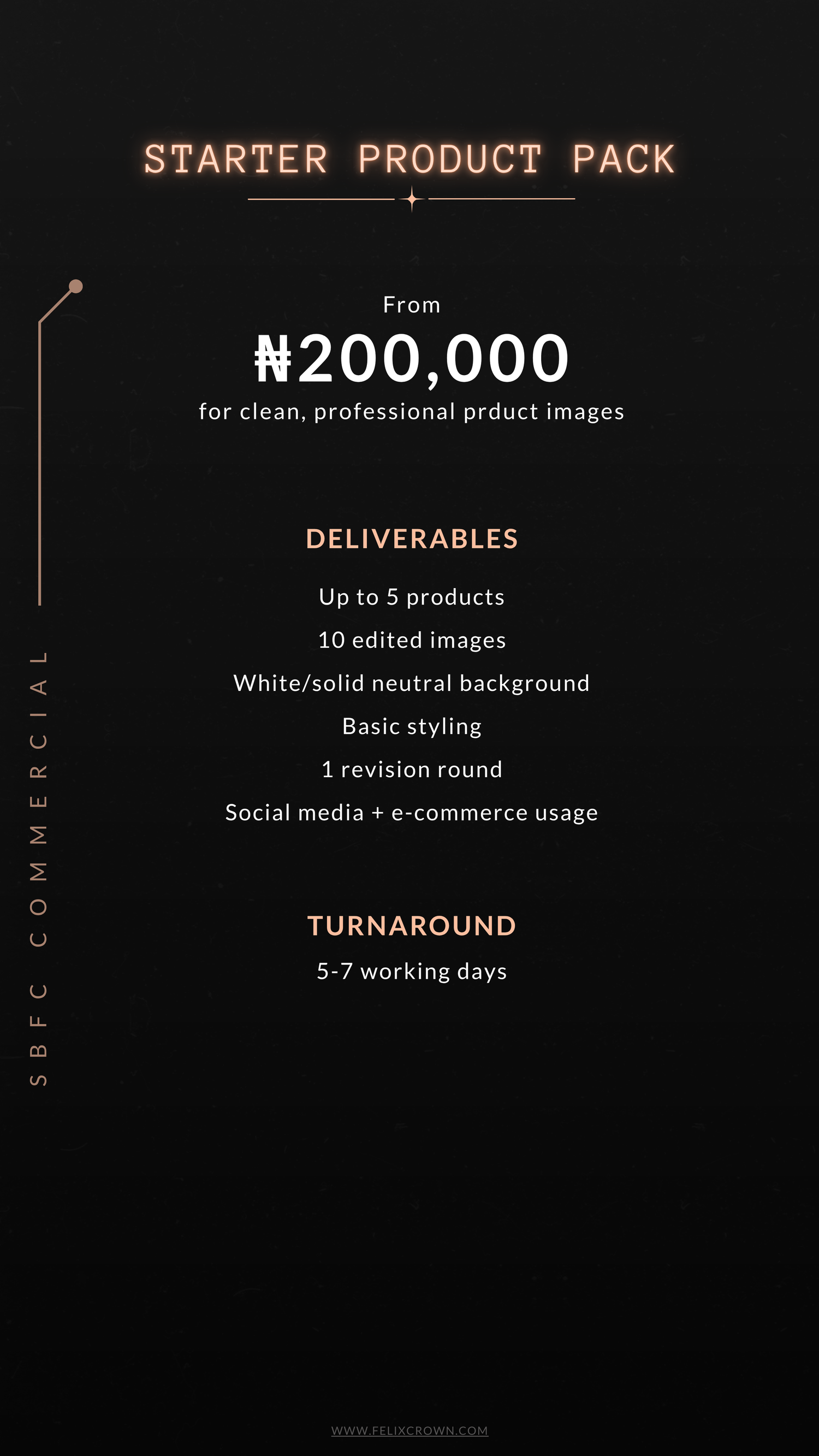 SBFC Commercial Starter Product Pack pricing card showing N200,000 for 5 products, 10 edited images, with 5-7 day turnaround.