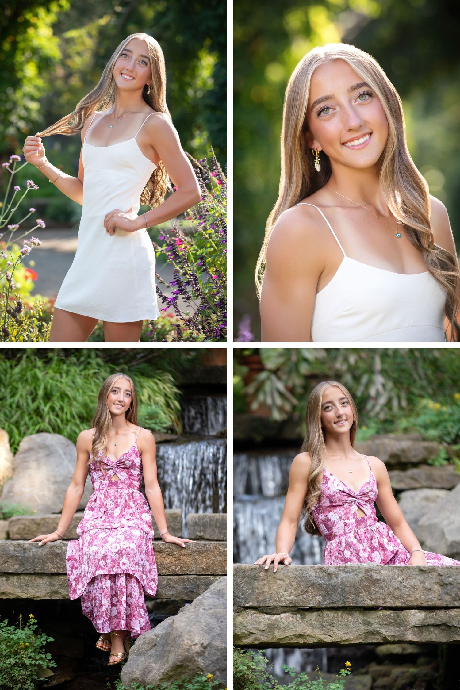 Olentangy Liberty senior pictures at Inniswood Gardens featuring floral dresses, waterfalls, and beautiful outdoor garden portraits.