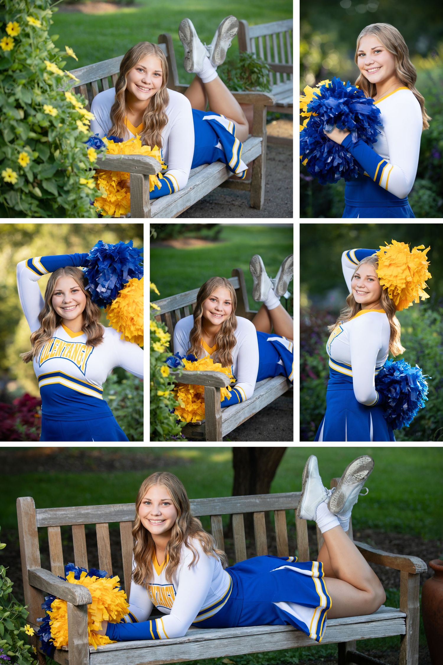 Olentangy cheer senior pictures at Inniswood Metro Gardens with blue and gold uniform, pom poms, and garden backdrop.