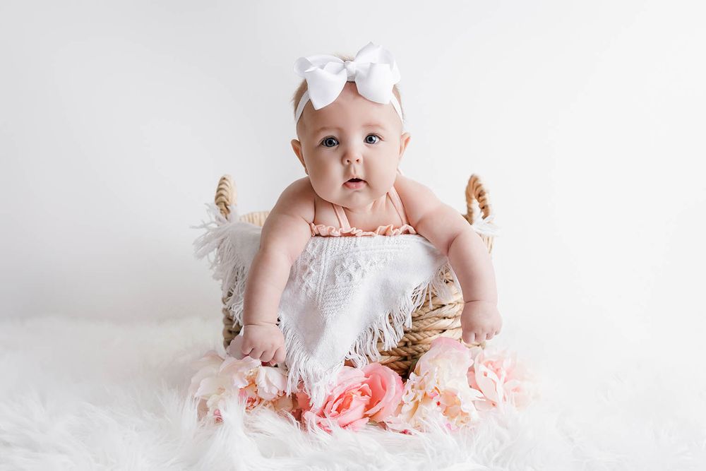 Cute baby girl in white lace romper sitting in a wicker basket with pink flowers.