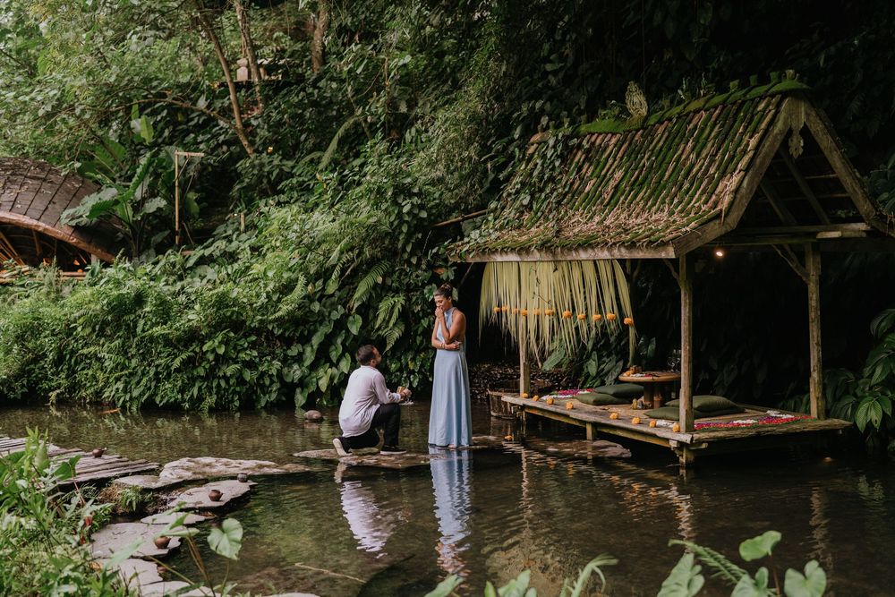 Professional Bali proposal photography at Bambu Indah resort.