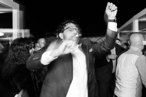 Black and white photo sequence showing people dancing and celebrating at a party or event.