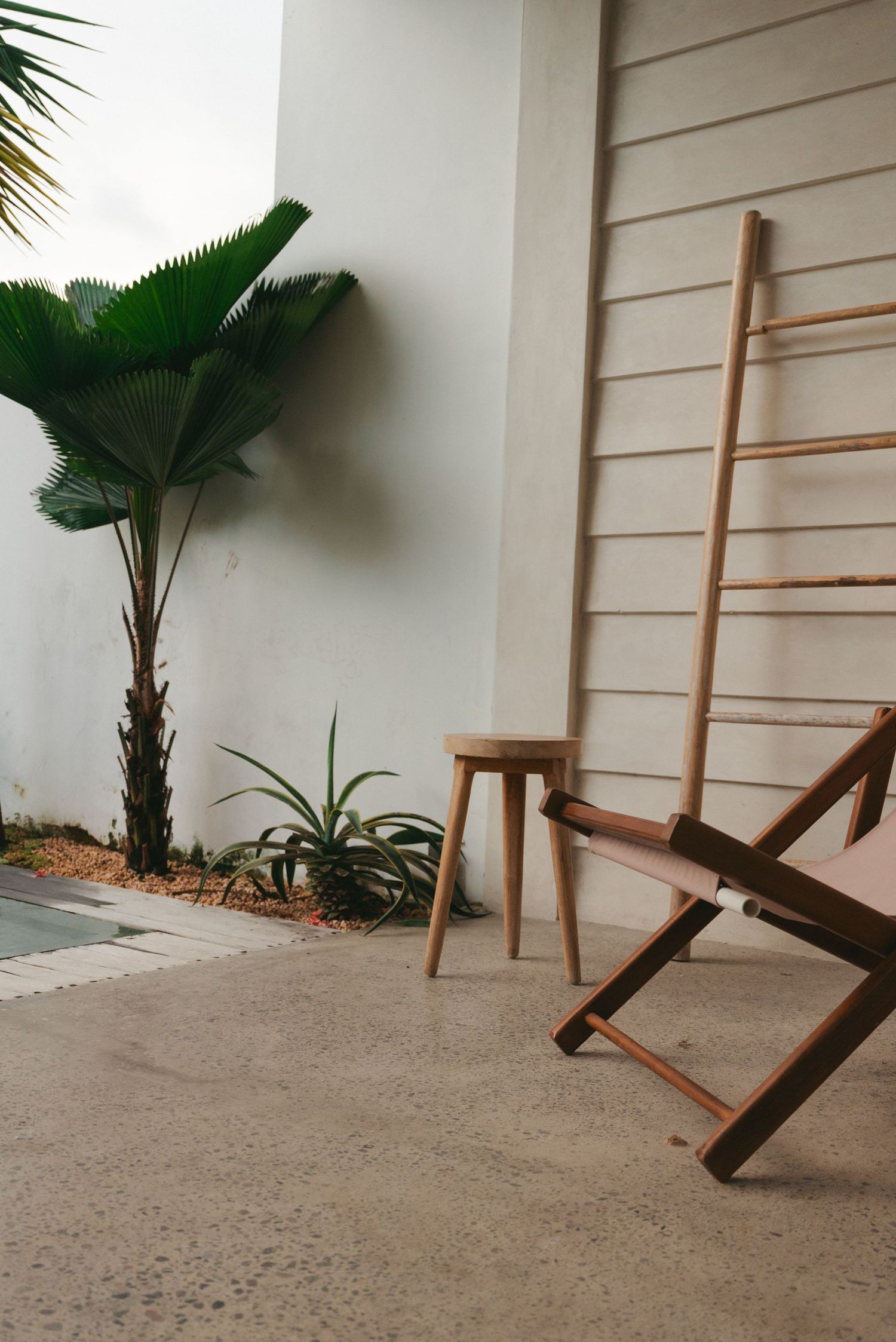 Wooden folding chair and stool on concrete patio beside a tropical palm tree and succulents against a white wall.