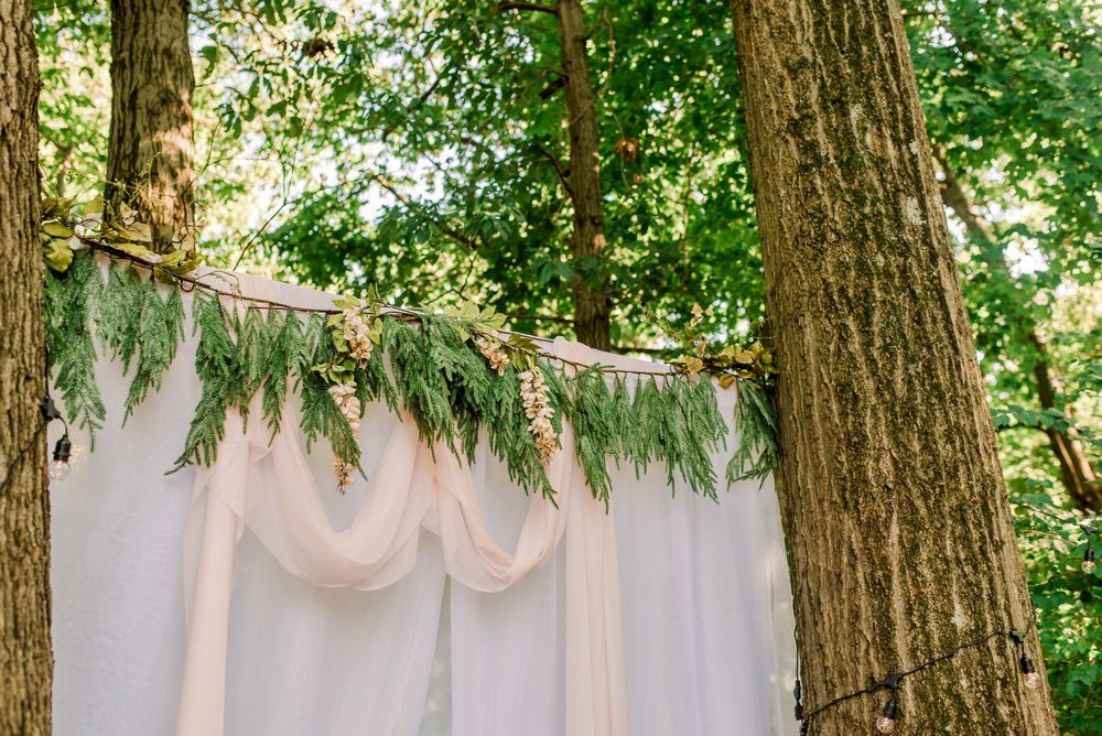 Outdoor wedding ceremony backdrop with white draping and green fern garland hung between trees in a forest setting.