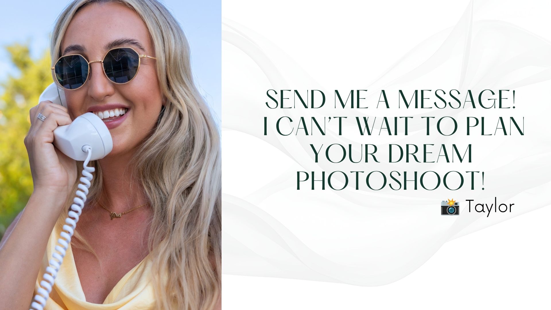 Smiling blonde woman in sunglasses holding a white phone, promoting a dream photoshoot planning service by Taylor.