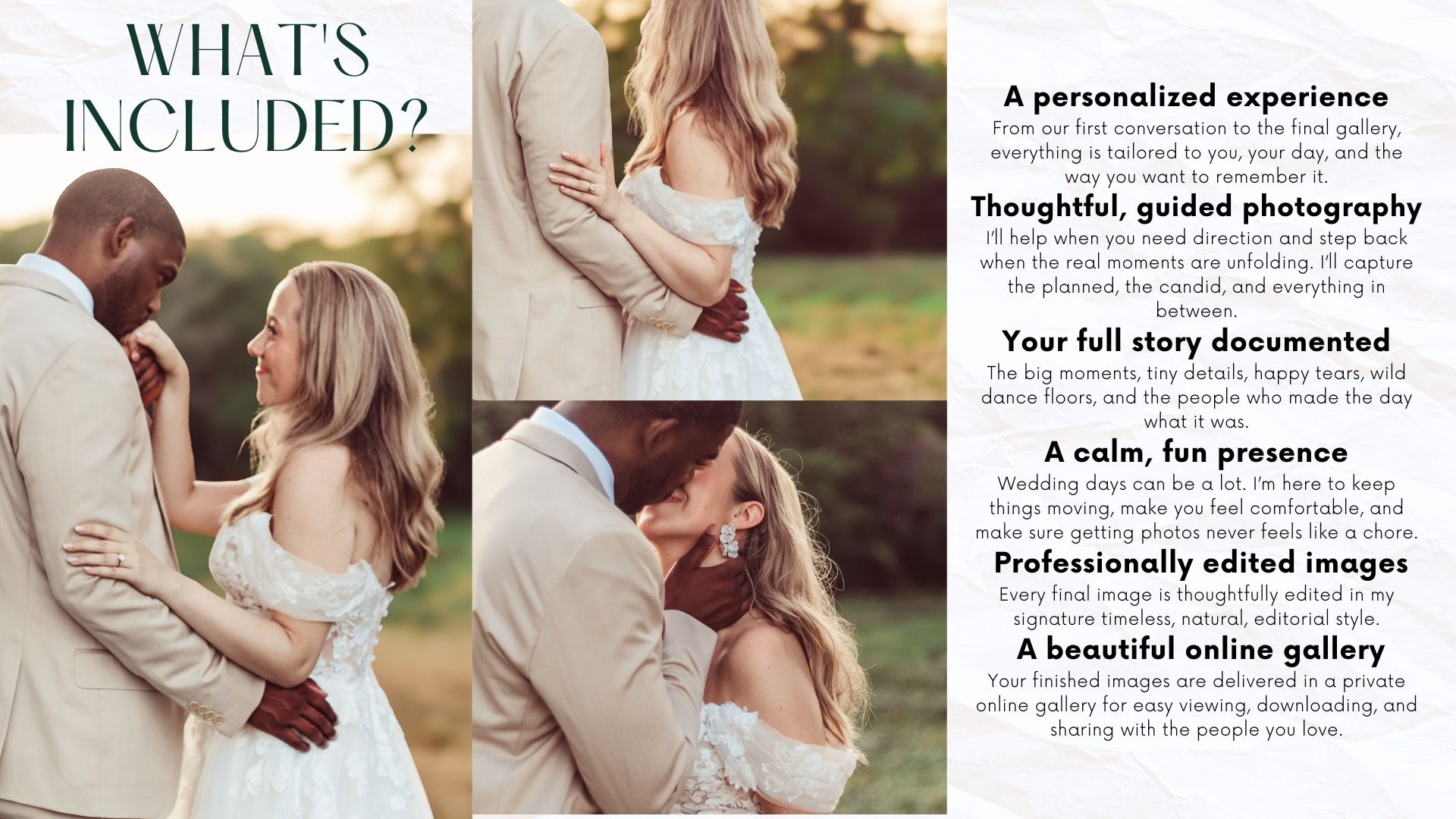 Wedding photography package details showing couple embracing outdoors, listing personalized experience and professional services.