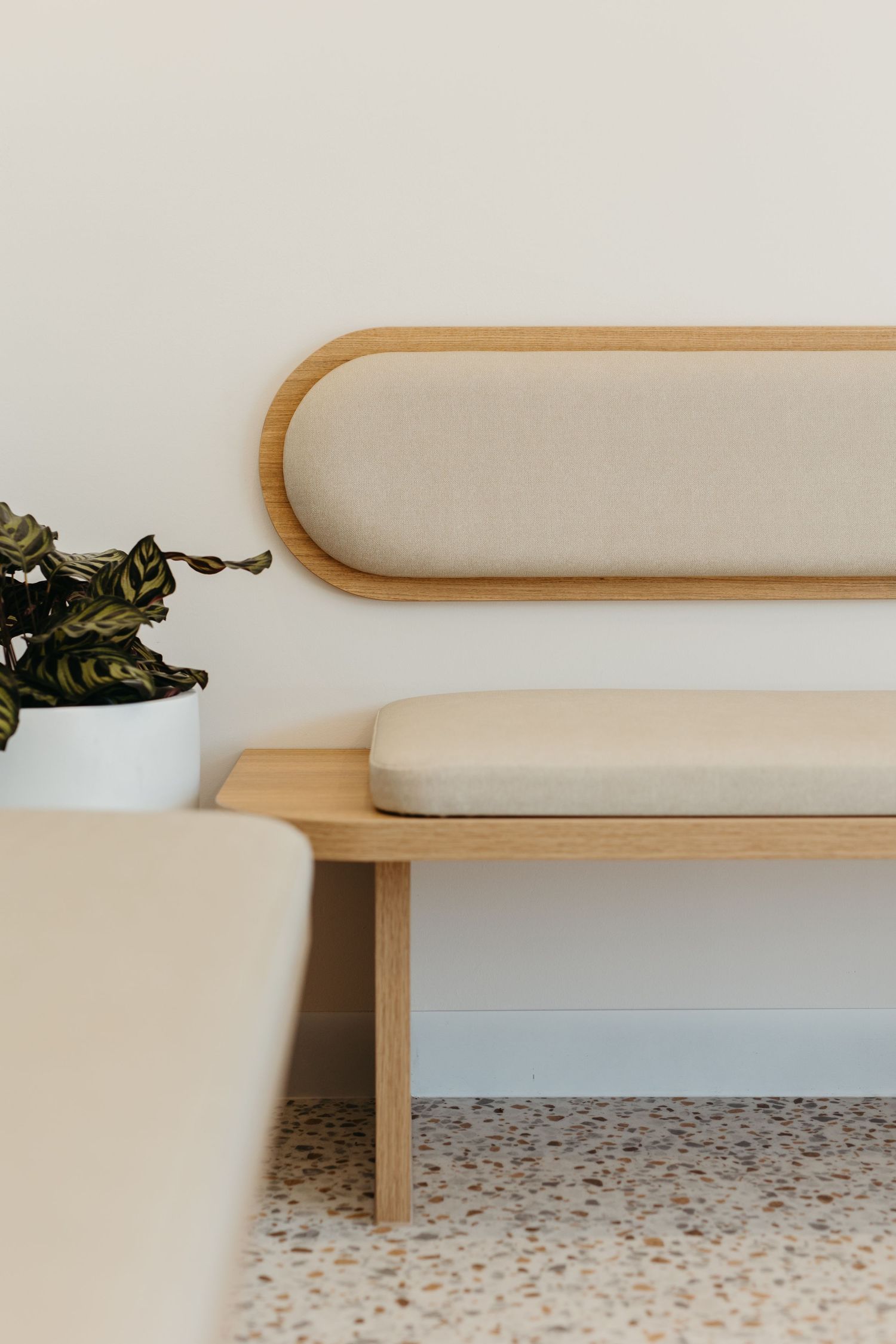 Minimalist wooden bench with beige upholstered backrest beside a green plant on terrazzo floor.