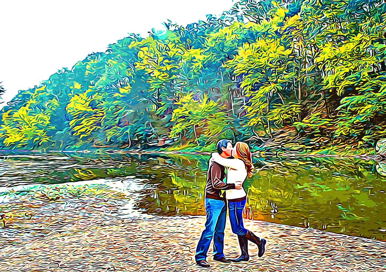 Couple kissing romantically by a scenic river surrounded by lush green trees in a digital art style.