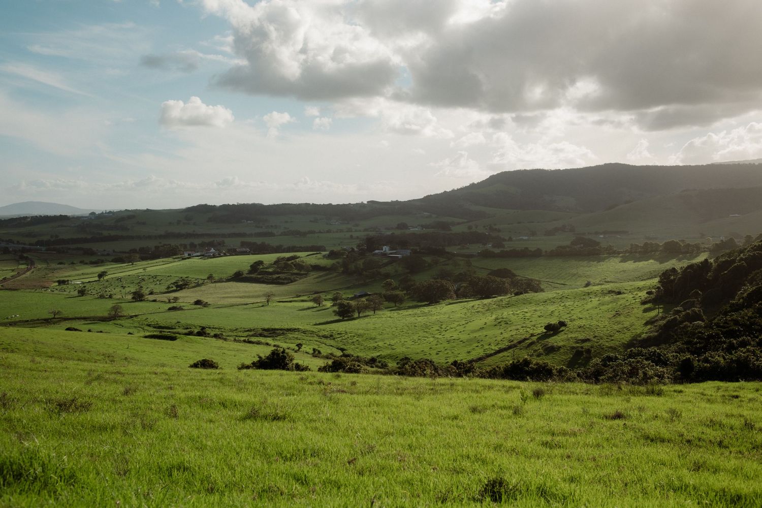 Scenic green rolling hills and valleys under a dramatic cloudy sky in rural countryside.