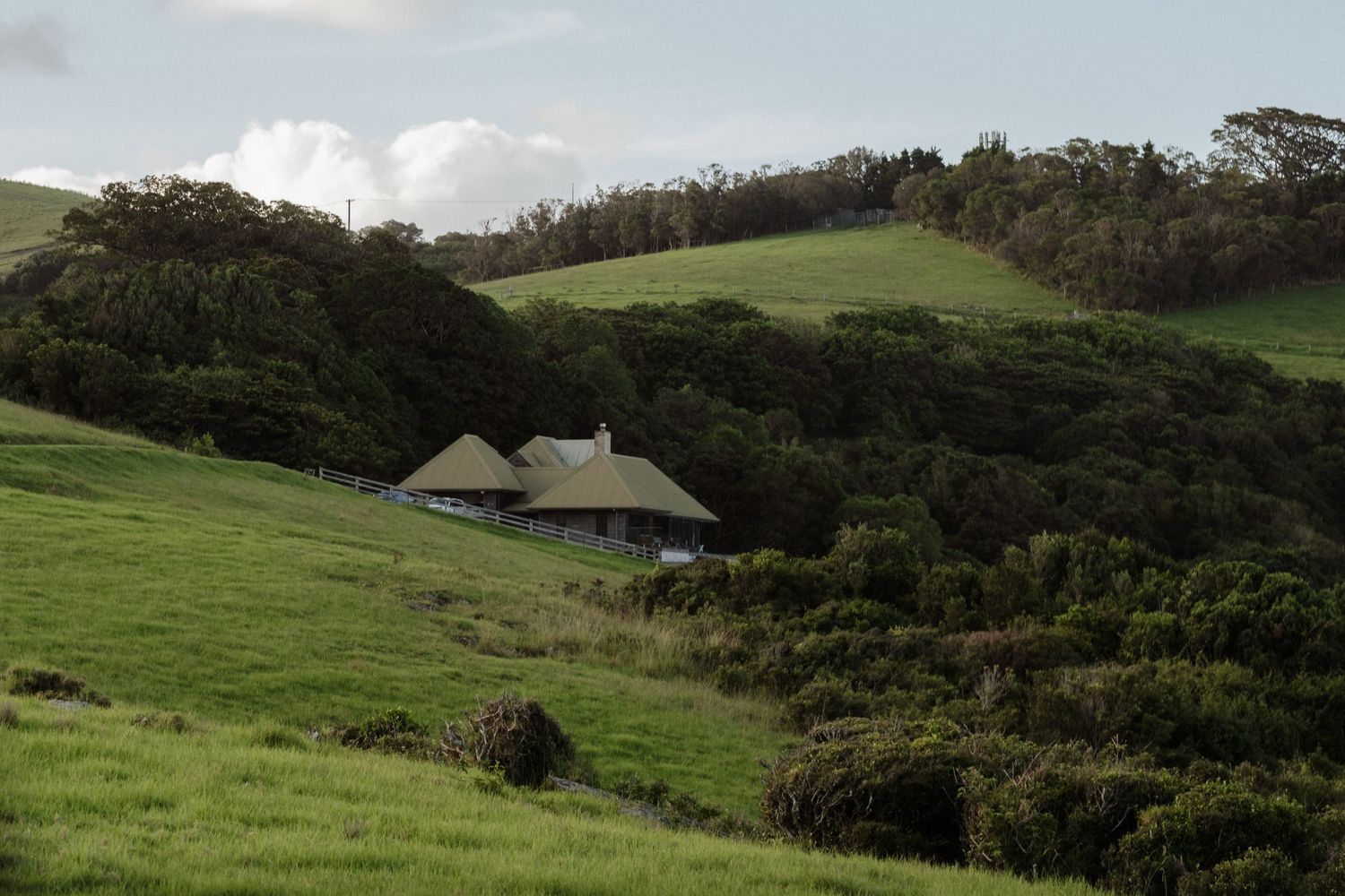 A thatched-roof cottage nestled among lush green rolling hills under a cloudy sky.