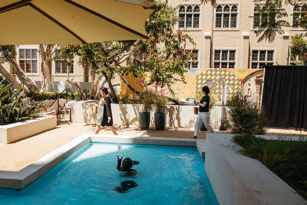Black swan swimming in a luxury hotel courtyard pool surrounded by lush greenery and elegant architecture.