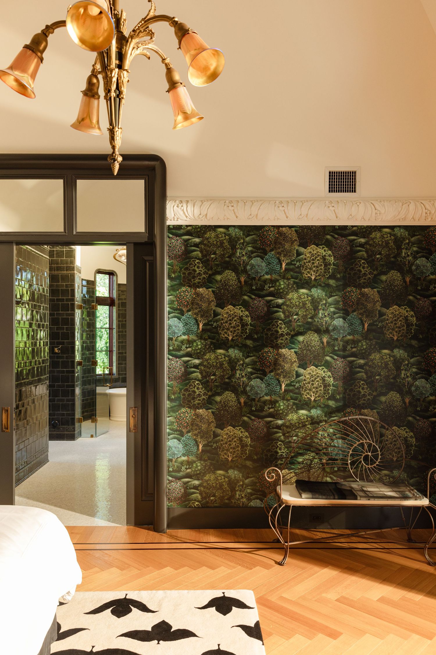 Detailed interior with botanical wallpaper, custom millwork and tiled bath, photographed for South Florida architects and designers.